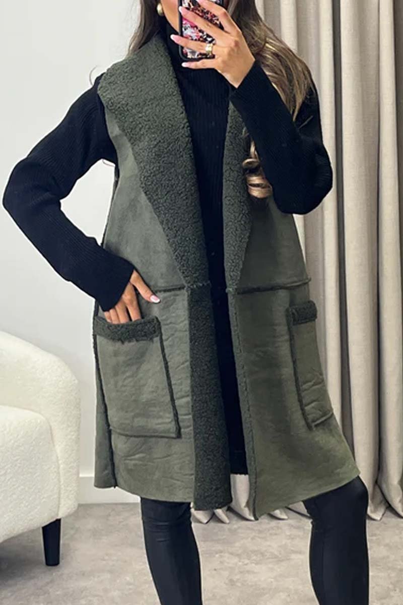 Women's Casual Sherpa Sleeveless Coat Army Green