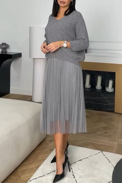 Women's Long Sleeve Patchwork Dress grey