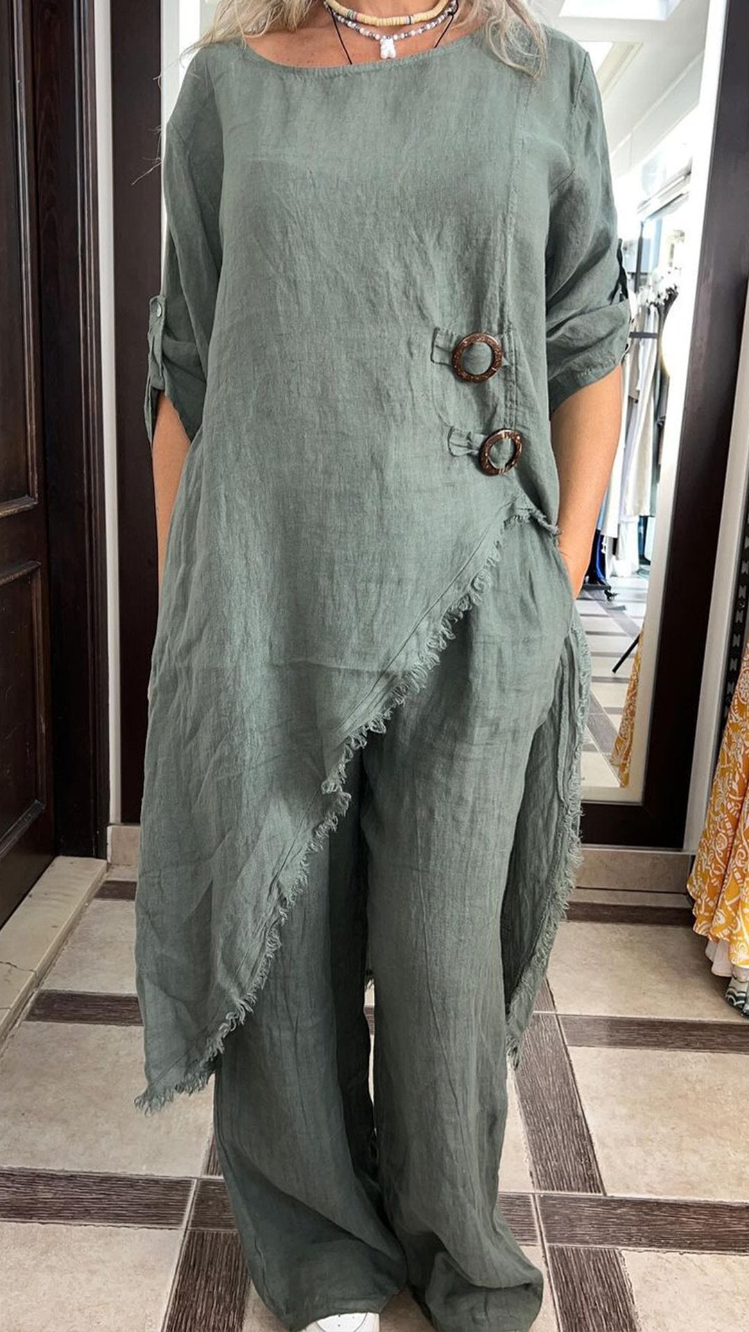 Women's Lapel Mid-length Sleeve Irregular Cotton and Linen Suit Army Green