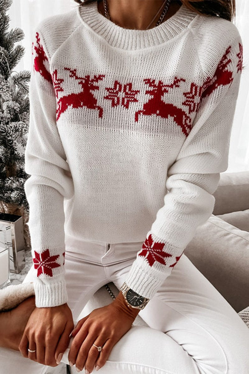 Women's Christmas Elk Jacquard Knitted Sweater white