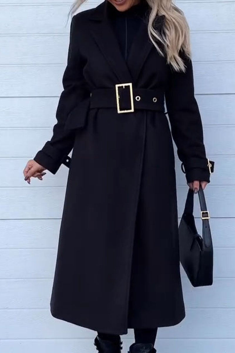 Women's Lapel Long-sleeved Trench Coat black