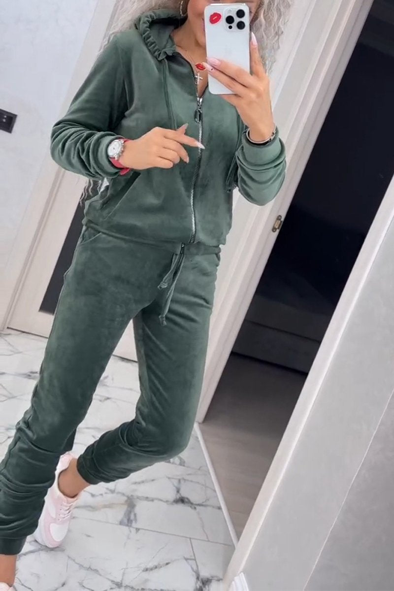 Women's Casual Hooded Velvet Two-piece Suit green