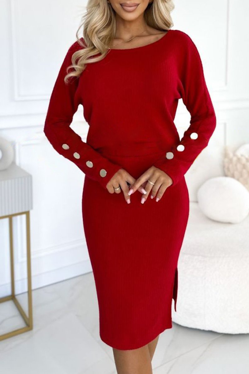 Women's Round Neck Long Sleeve Casual Button Design Dress Suit red