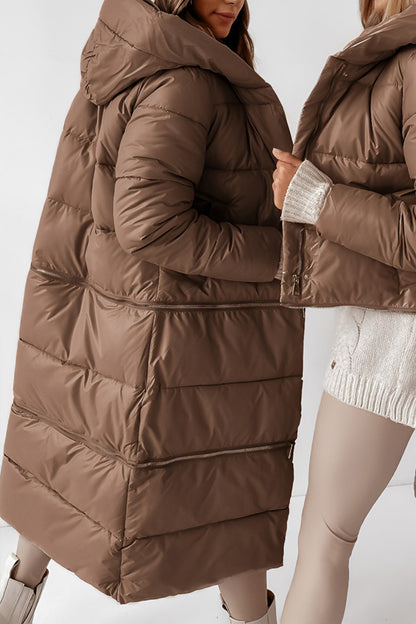 Women's Hooded Zippered Detachable Long and Short Autumn and Winter Cotton Coat brown