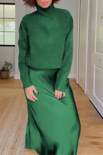 Women's Long Sleeve Suit and Skirt Two Piece Set green suit