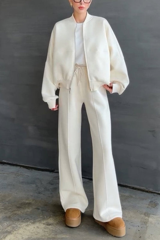 Women's Casual Solid Color Zipper Two Piece Suit off-white