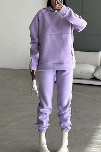 Women's casual solid color hooded sports sweatshirt suit Purple