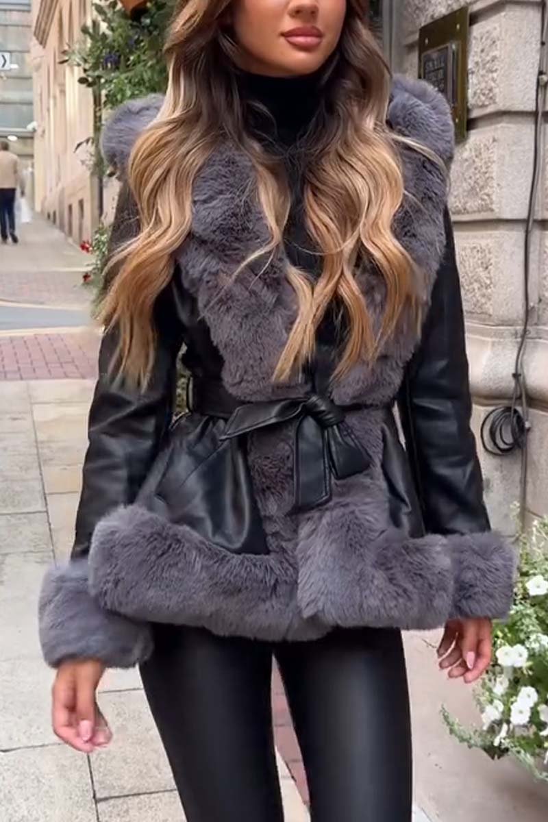 Women's fashionable hooded fur patchwork leather jacket Black Gray