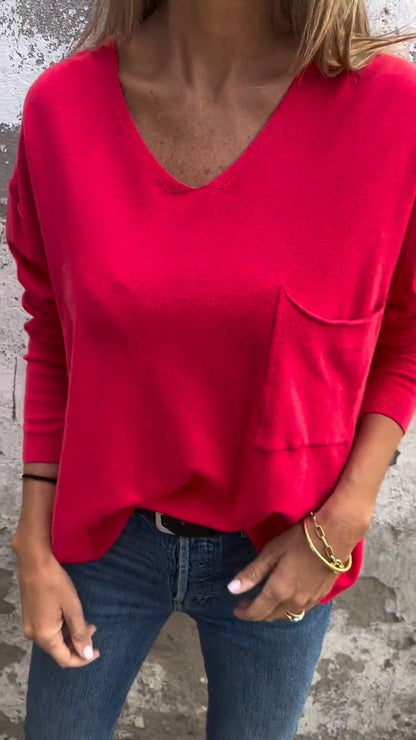 Casual V-neck Long-sleeved Top red