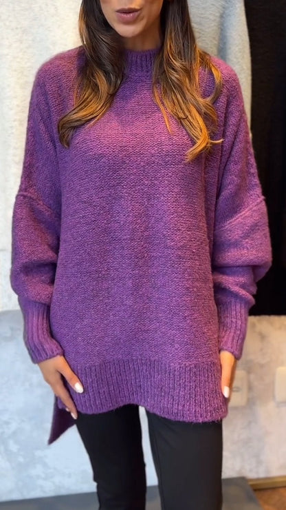 Women's Autumn Round Neck Long Sleeve Slit Knitted Casual Top purple