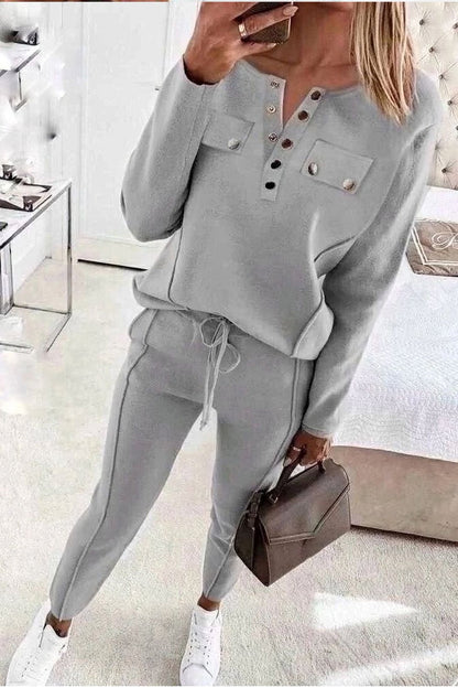 Women's Solid Color Button-down Collar Top and Pants Two-piece Set Gray