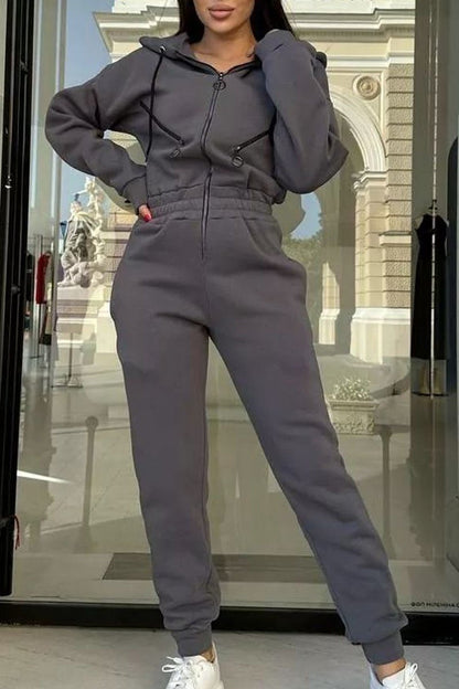 Solid Color Zipper Long Sleeve Jumpsuit grey