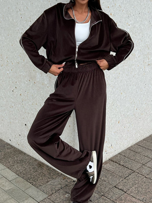 Women's Casual Sports Solid Color Pants Suit Brown