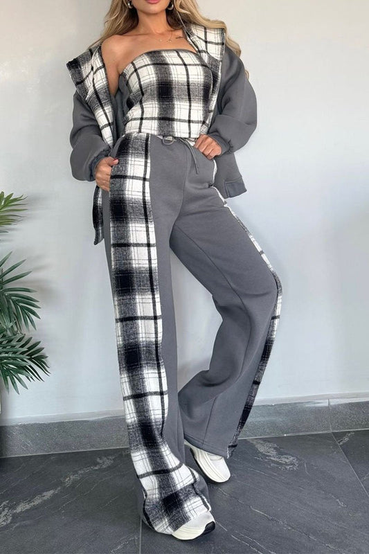 Cardigan, Tube Top and Pants Plaid Splicing Casual Three-piece Set grey