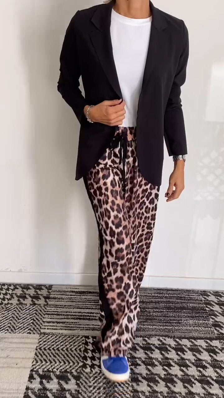 Women's Solid Color Suit Jacket Leopard Pant Suit black