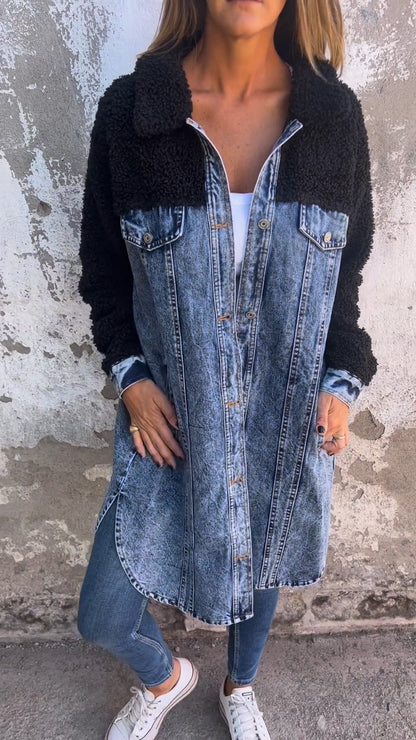 Lapel Single-breasted Long Denim Jacket blue