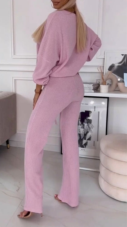 Round Neck Long Sleeve Solid Color Two Piece Suit