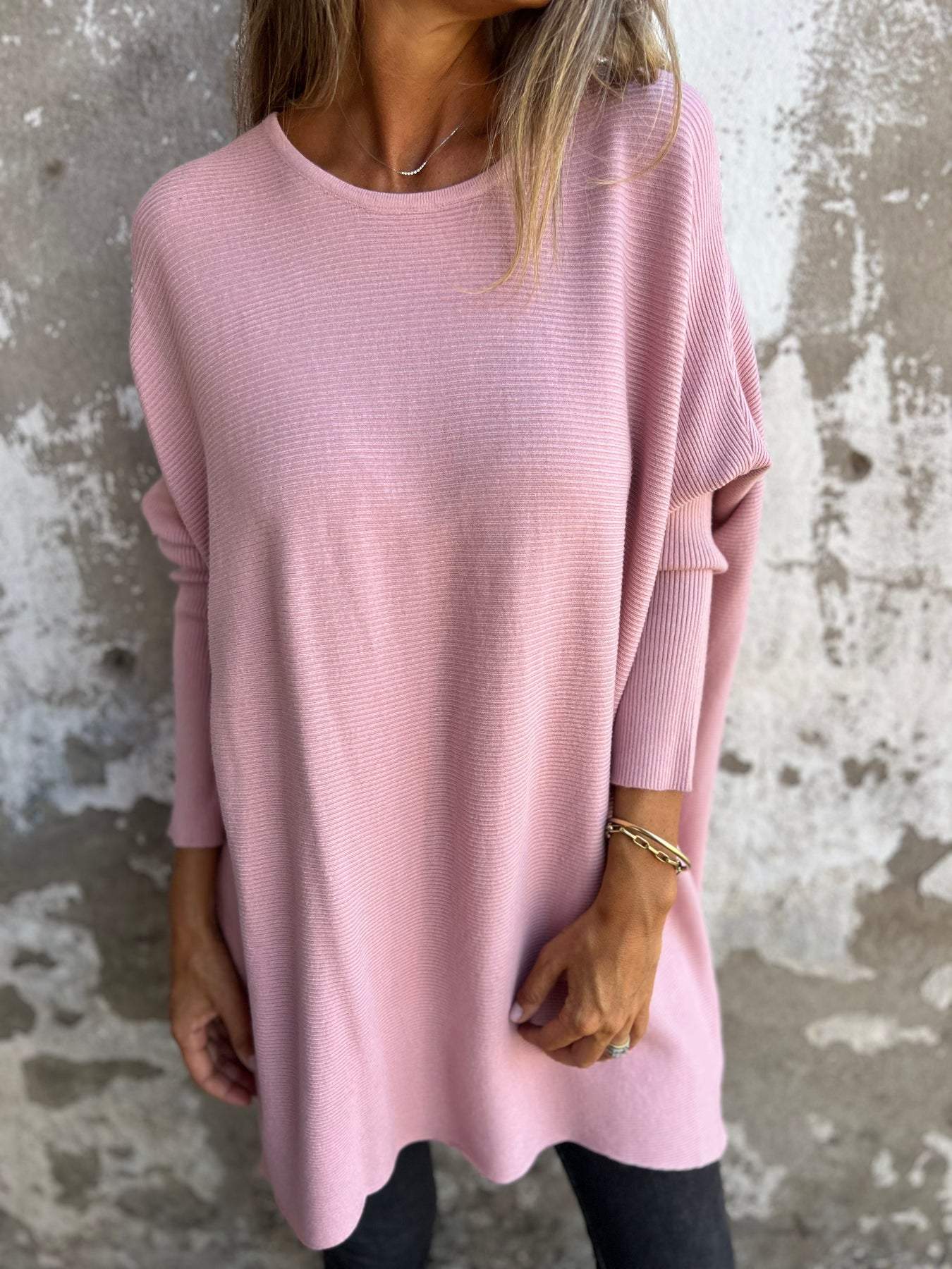 Round Neck Long Sleeve Knitted Top pink