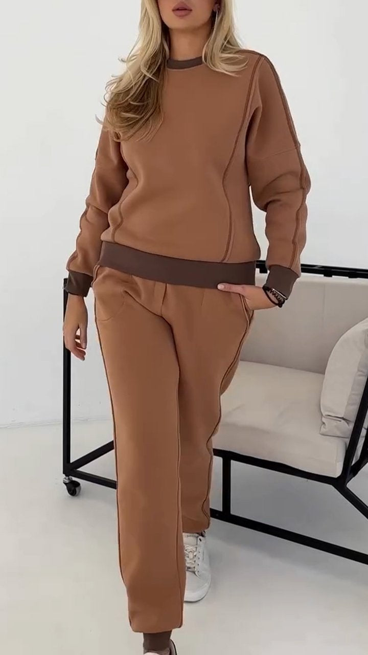 Women's Casual Round Neck Long Sleeved Hoodie Set brown