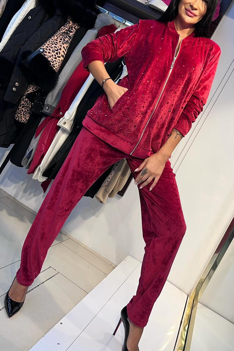 Women's Casual Round-neck Shiny Suede Two-piece Suit red