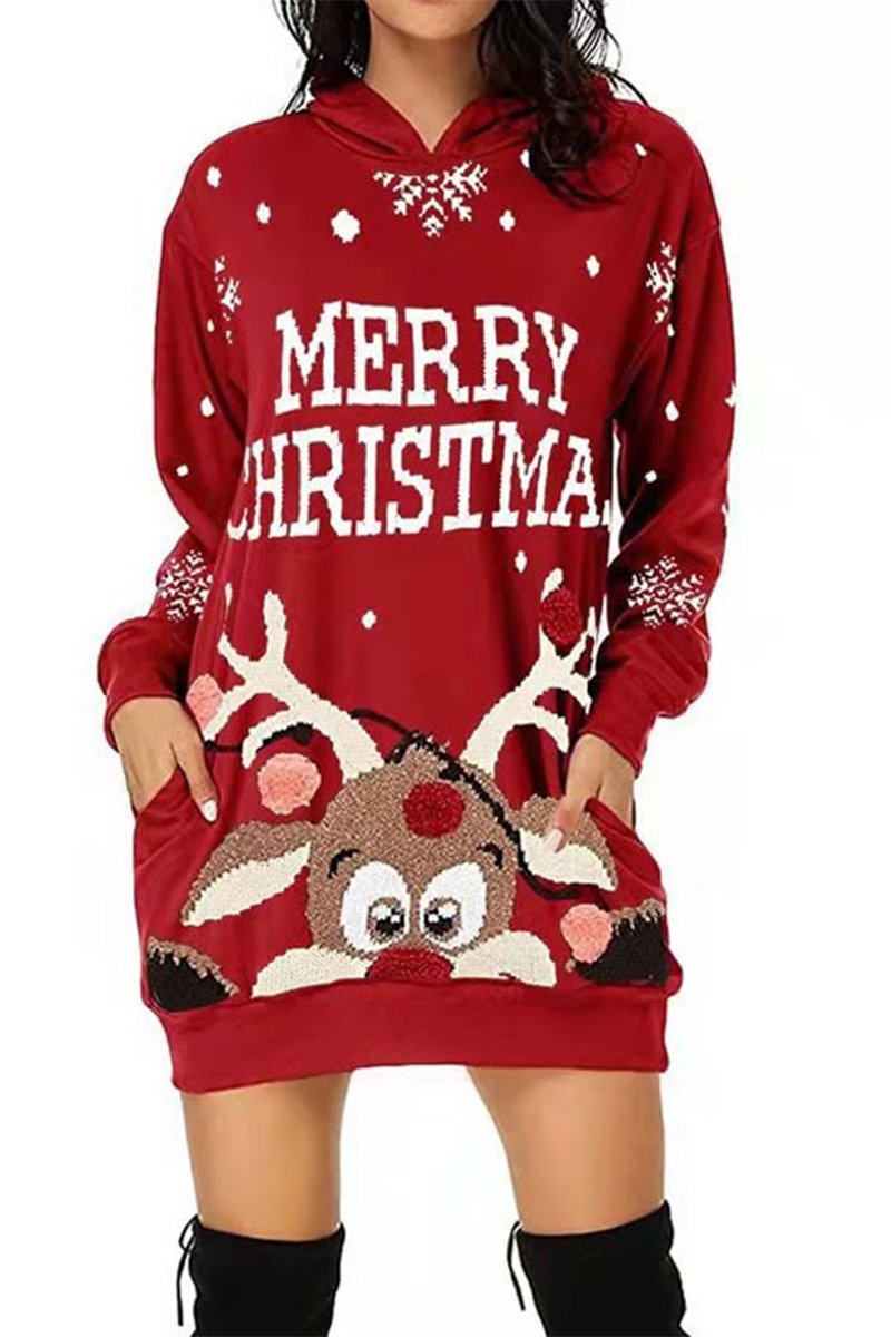 Women's Casual Christmas Printed Long Sleeve Hooded Dress red