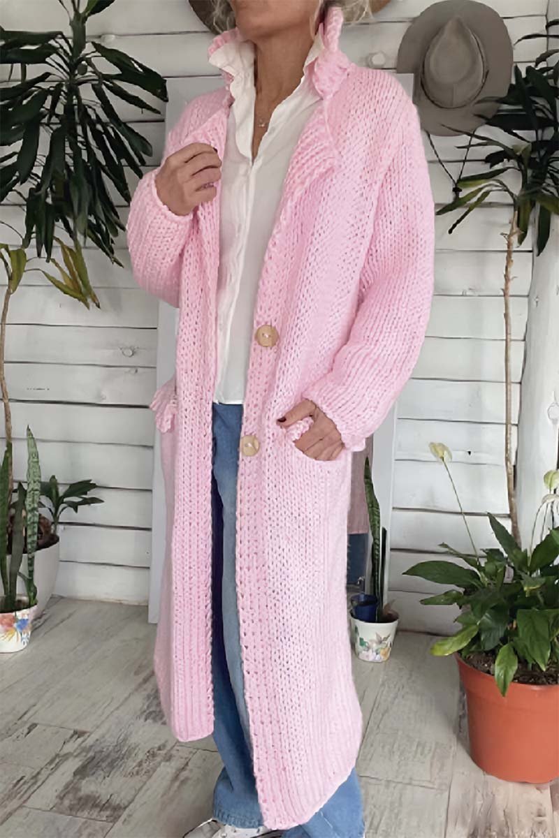 Women's Casual Solid Color Lapel Thick Thread Sweater Knitted Long Cardigan Pink