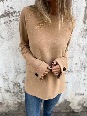 Casual Round Neck Long Sleeve Top khaki