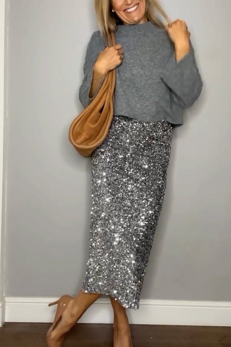 Women's Casual Sweater Top Sequin Skirt Two-Piece Set