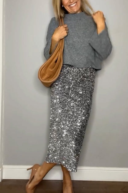 Women's Casual Sweater Top Sequin Skirt Two-Piece Set