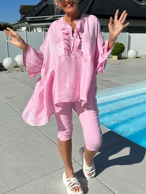 Women's Casual V-neck Solid Color Two-piece Suit pink