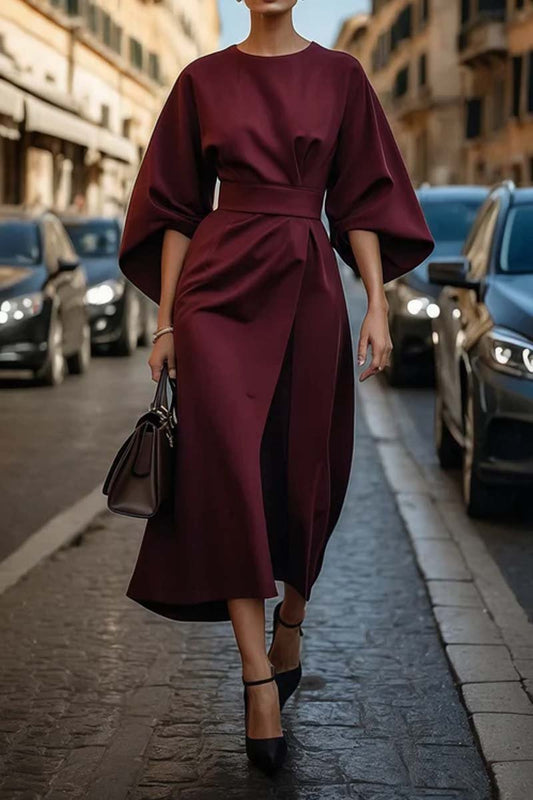 Women's Elegant Solid Color Waist Dress Wine Red