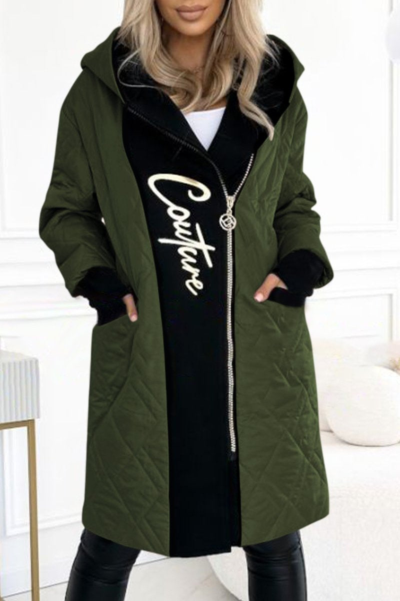 Women's Hooded Zippered Letter Print Long Coat army green