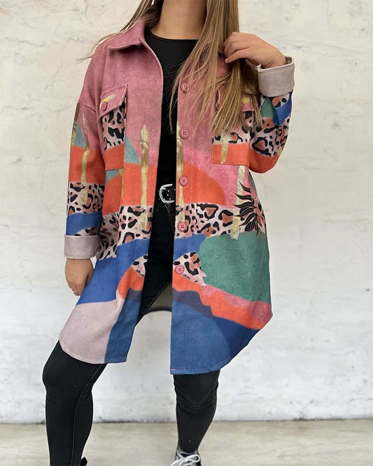 Women's Irregular Printed Lapel Long Sleeve Jacket Pink