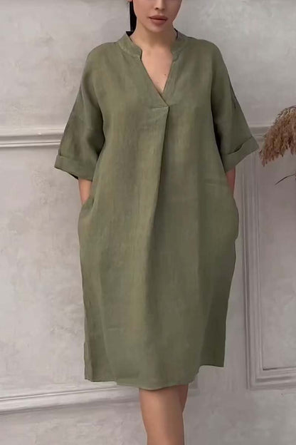 Casual cotton and linen V-neck dress Army green