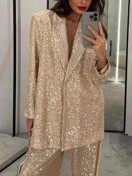 Women's Lapel Sequined Suit + Trousers Casual Set