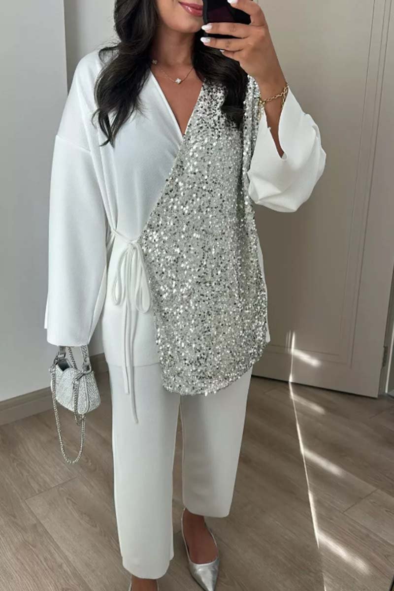 Women's sequin patchwork lace-up suit White