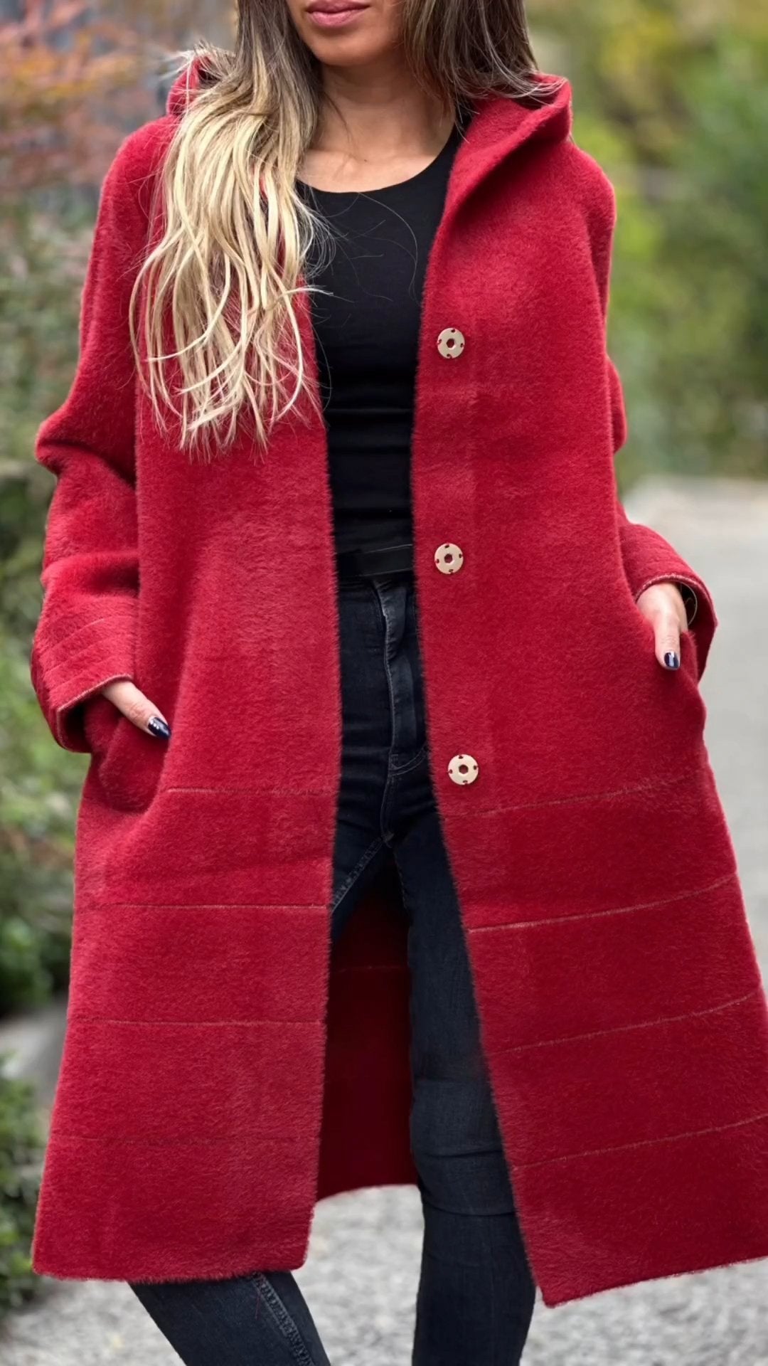 Women's hooded long sleeve fur casual coat red