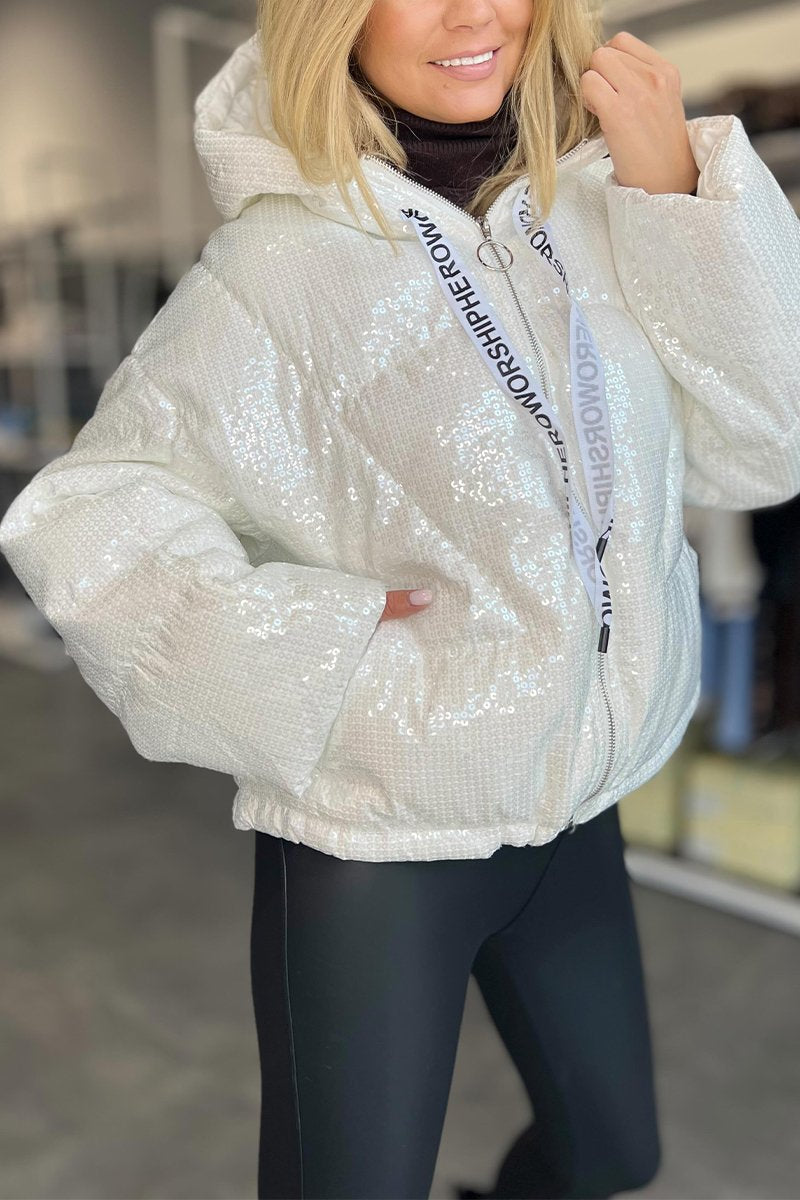 Women's Lapel Sequin Short Cotton Coat white