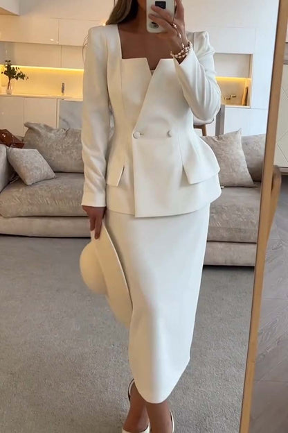 Women's Fashion Commuting Solid Color Skirt Suit White