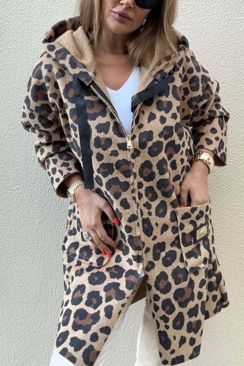 Women's Casual Loose Leopard Print Hooded Coat Khaki