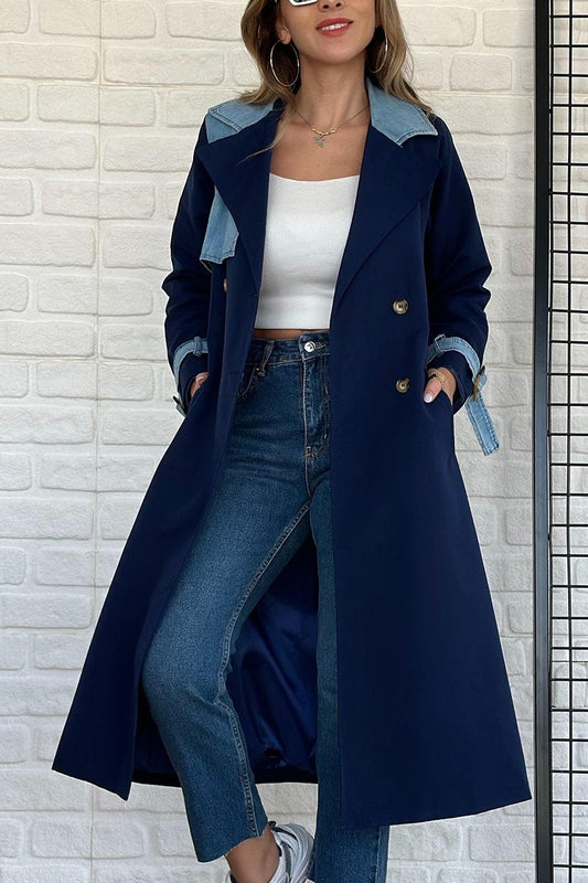 Women's Elegant Colorblocked Long Coat Blue