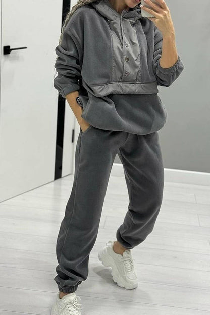 Women's Long-sleeved Hooded Patchwork Sweatshirt Two-piece Set grey