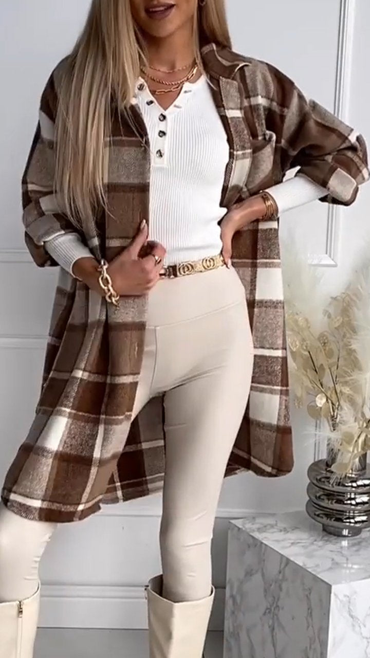 Women's Lapel Plaid Button Coat khaki