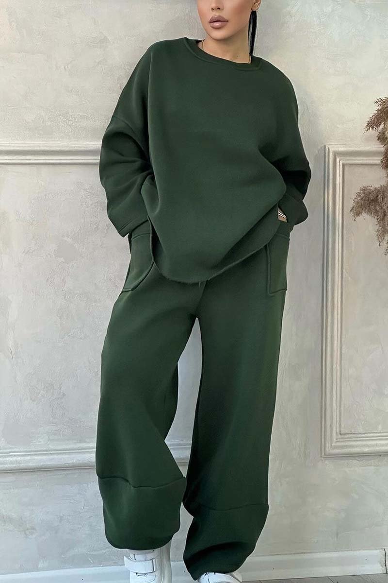 Women's Casual Solid Color Round Neck Long Sleeve Sweatshirt Sports Suit Dark Green