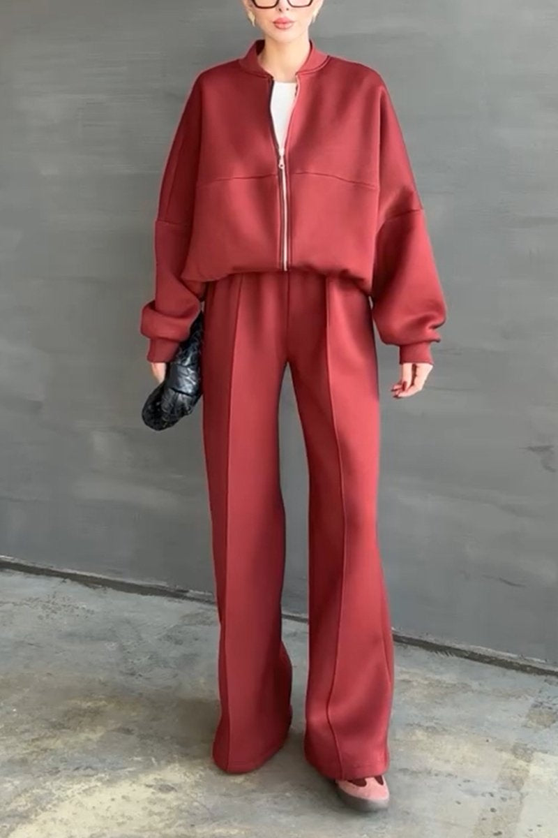 Women's Casual Solid Color Zipper Two Piece Suit red