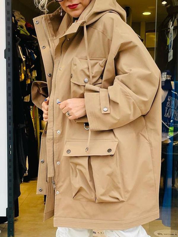 Women's Cool Solid Color Zip-up Hooded Trench Coat