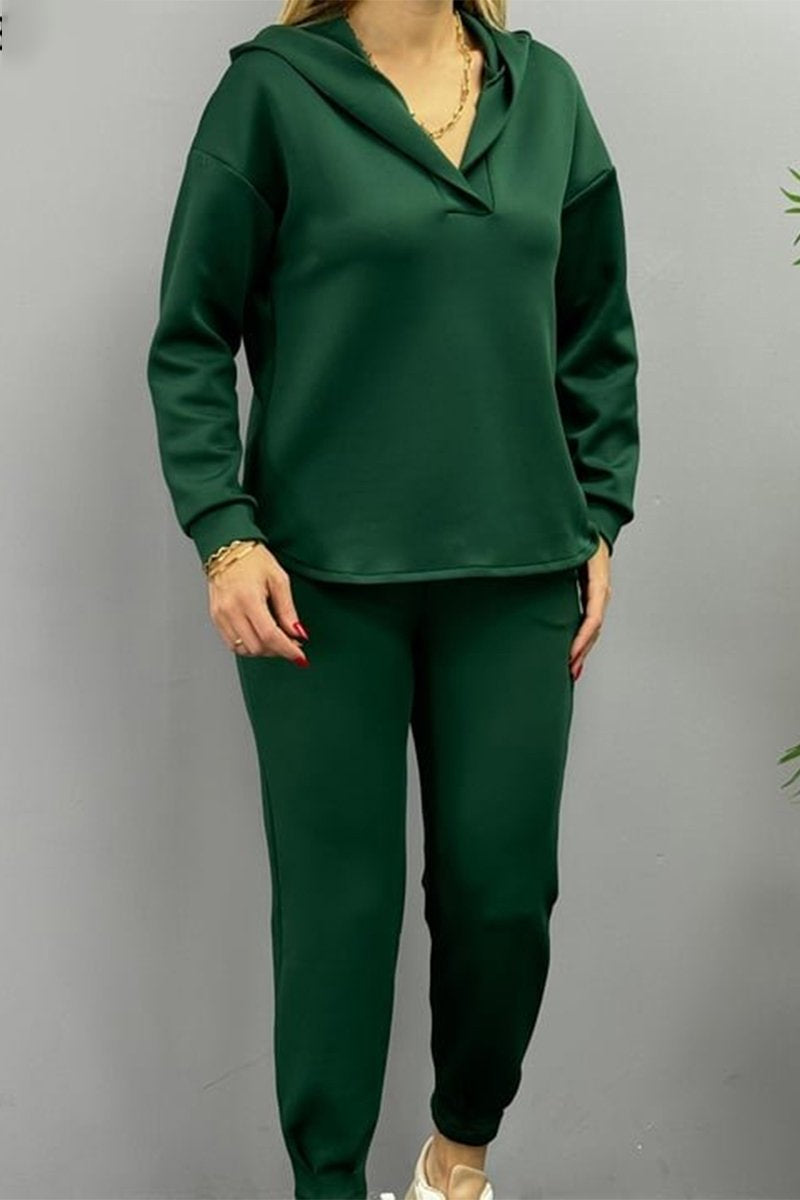 Women's Casual Hooded Solid Color Two Piece Suit green