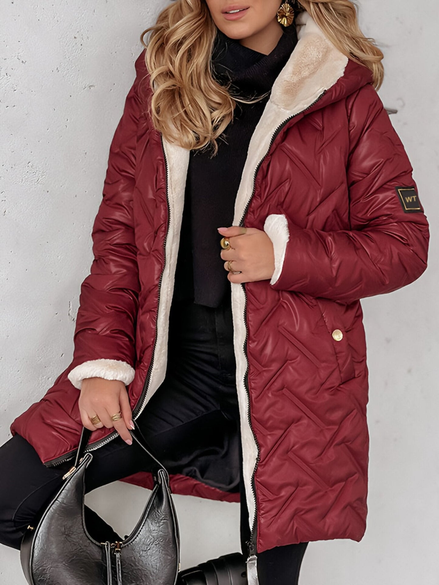 Women's Hooded Plush Long Coat red