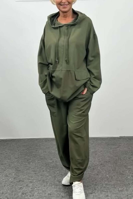 Women's casual double pocket hooded suit Army Green