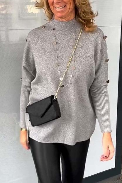 Women's casual side button solid color sweater Gray